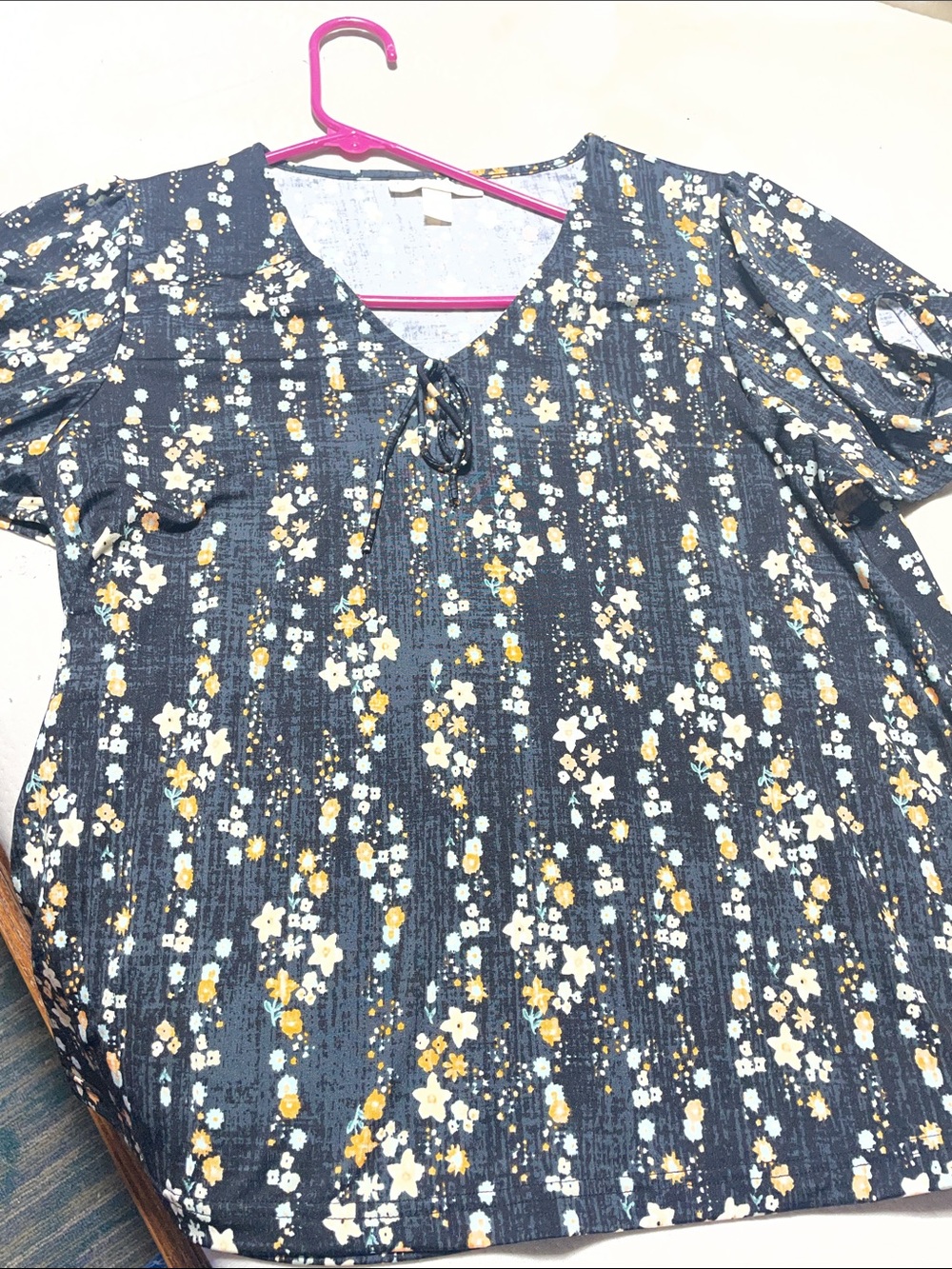 Navy Floral V-Neck Short Sleeve Blouse with Tie